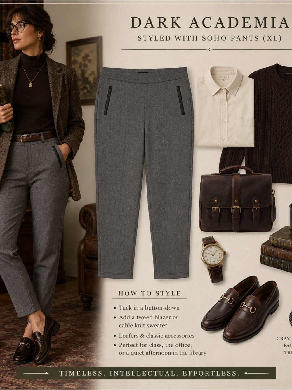 SOHO Apparel XL Herringbone Ankle Pants Gray Dark Academia Career Stretch